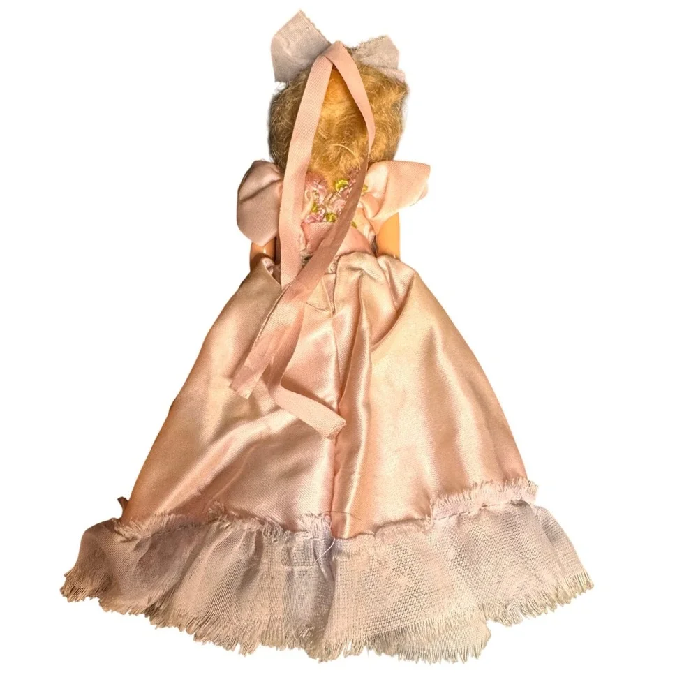 Vintage Composition Doll Pink Satin‎ Gown Floral Embroidery 7.5 Inch Blue Eyes